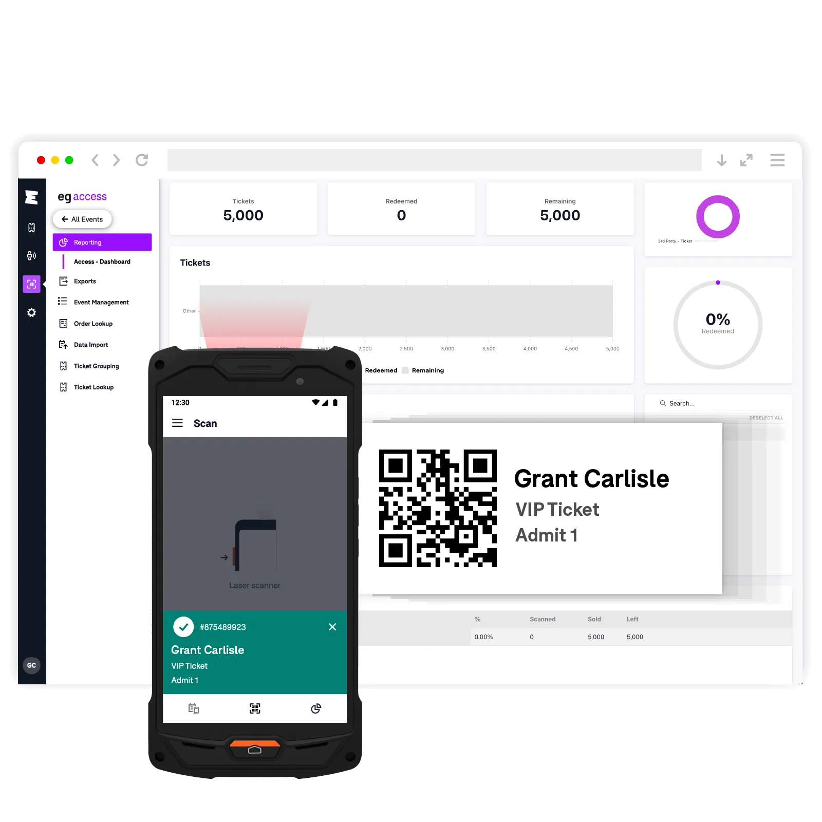 Event Genius app and web screen showing reports and ticket scanning