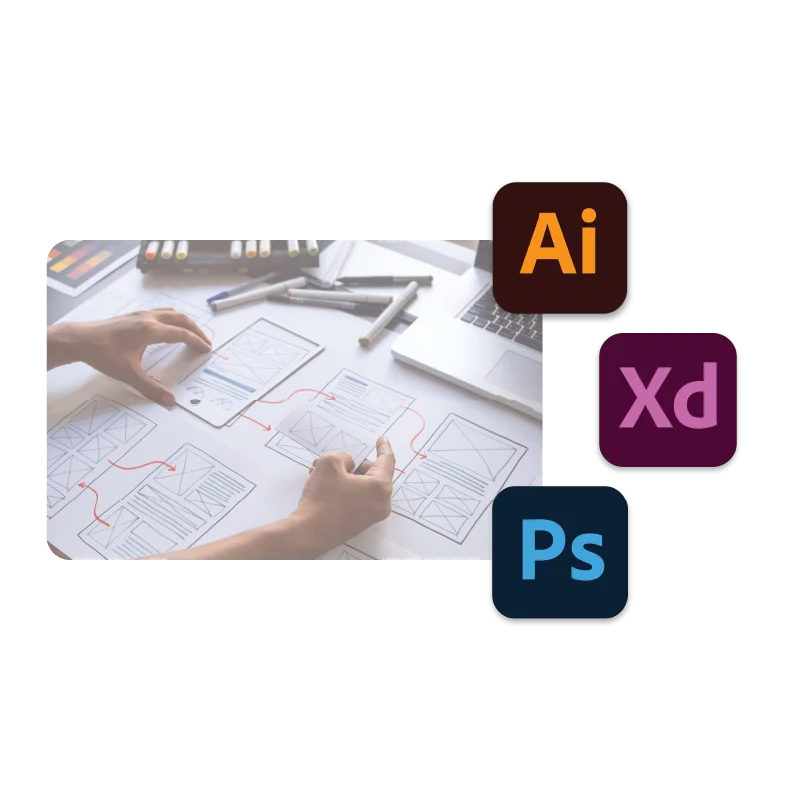Hand-drawn design planning with Adobe tool logos floating around